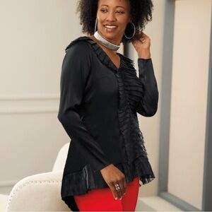 Ashro,Libby Satin Pleated Tunic Black Ruffled Long Sleeve Blouse,EUC,Size Large